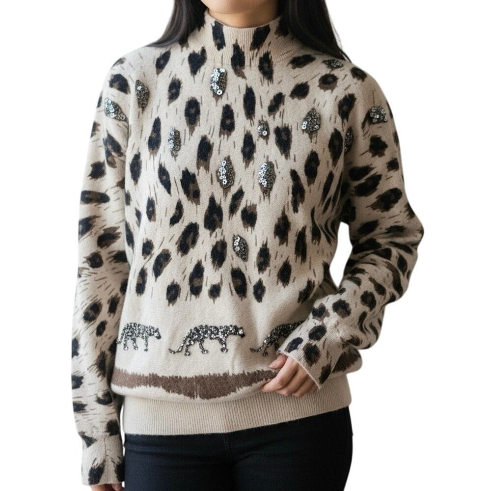 Vintage SML Sport Lambswool Beaded Leopard Sweater Women’s M Tan Black